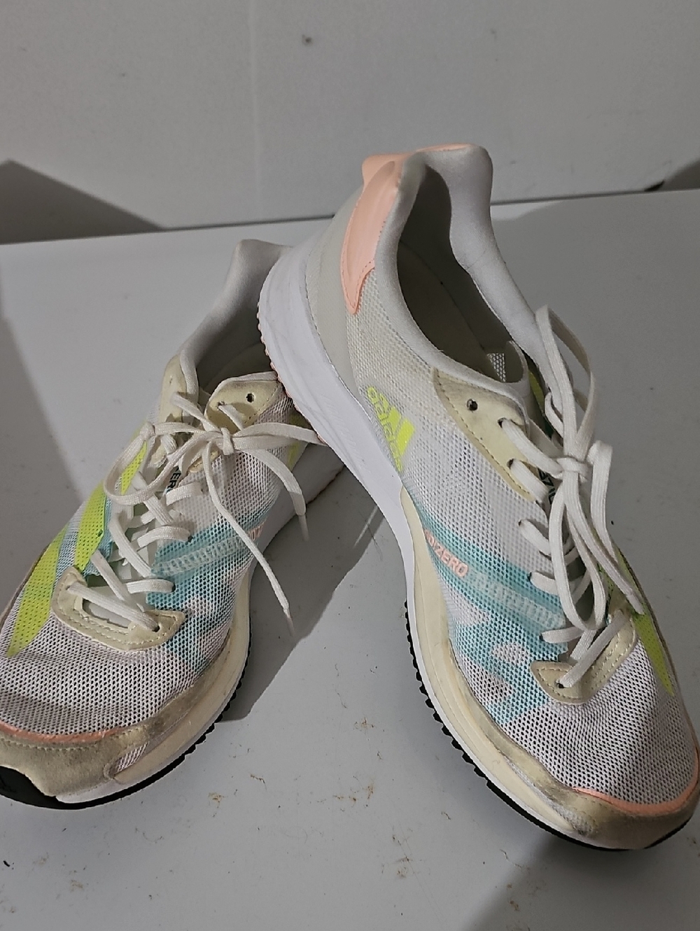 adidas Women’s White Running Sneakers with Pastel Yellow, Blue & Peach Accents
